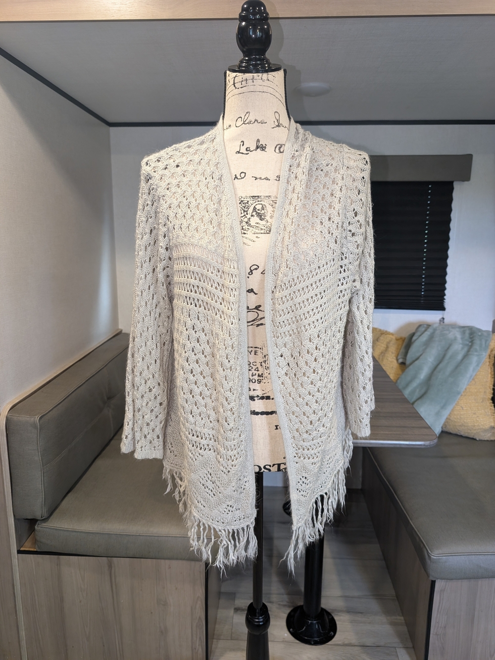 Women's Open Front Crochet Fringe Sweater Cardigan - Cream